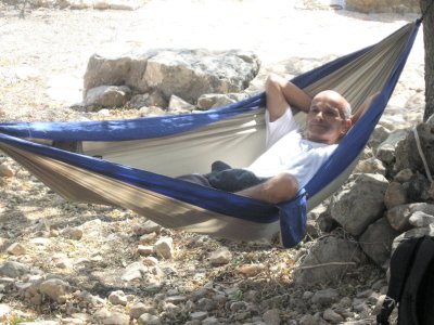 Avner in hammock at Hirbet Nezer